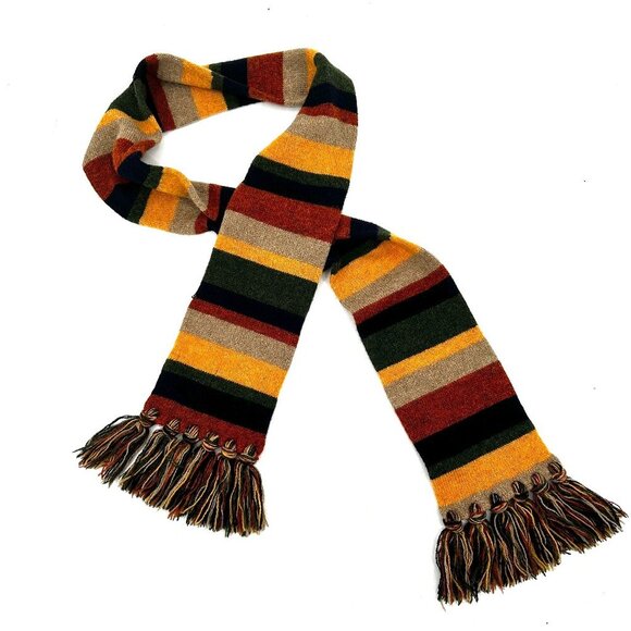 HOWLIN' *Flawed* Yellow Blue Red Striped 100% Pure Wool Scotland Fringe Scarf - Picture 1 of 4
